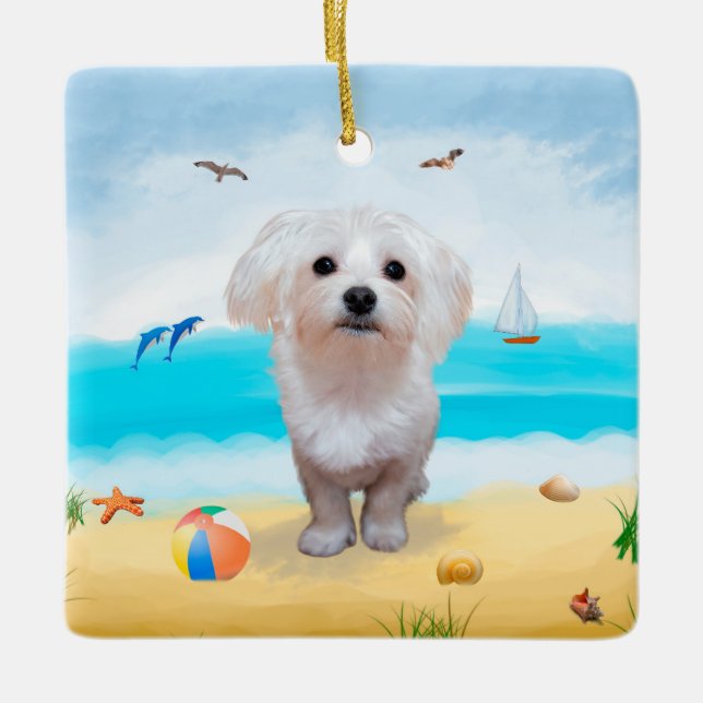 Malteserhund på strand julgransprydnad keramik (Framsida)