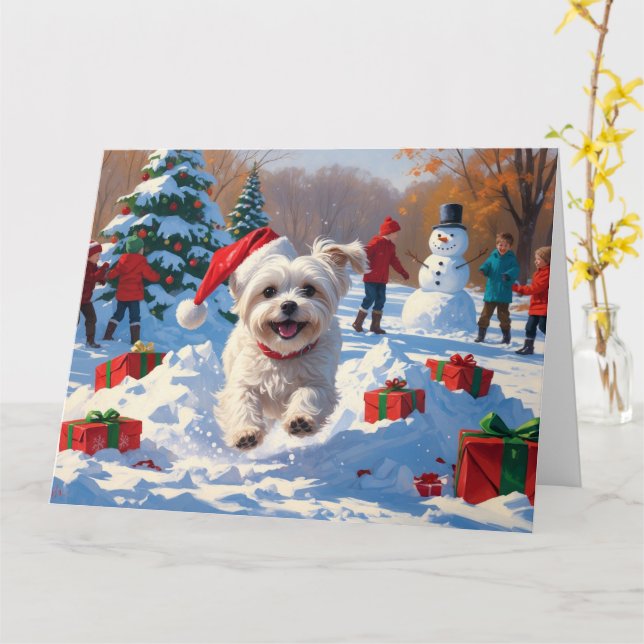 Malteserhund springer i snö med julhatt kort (Gul blomma)