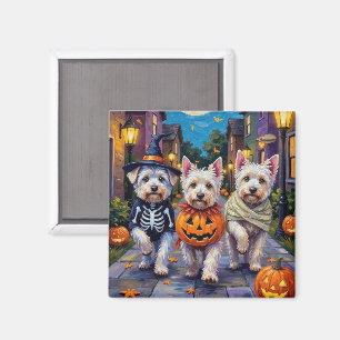 Malteserhundar som går runt på halloweenfirande magnet