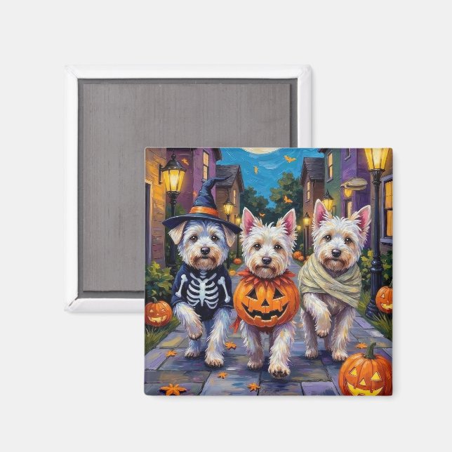 Malteserhundar som går runt på halloweenfirande magnet (Front/Back)