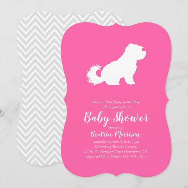 Maltesisk Hund Baby Shower Rosa Girl Inbjudningar (Fram/baksida)