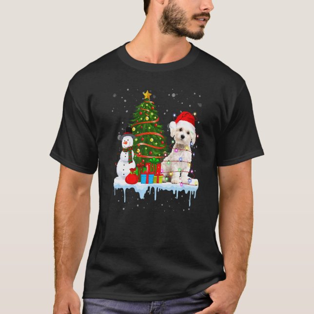 Maltesisk Hund Costume Santa Ljus Hat in Snö Chris T Shirt (Framsida)
