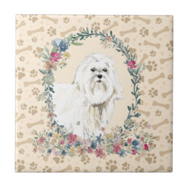 Maltesisk Hund Paw Print Blommigt Cute Beige Kakelplatta