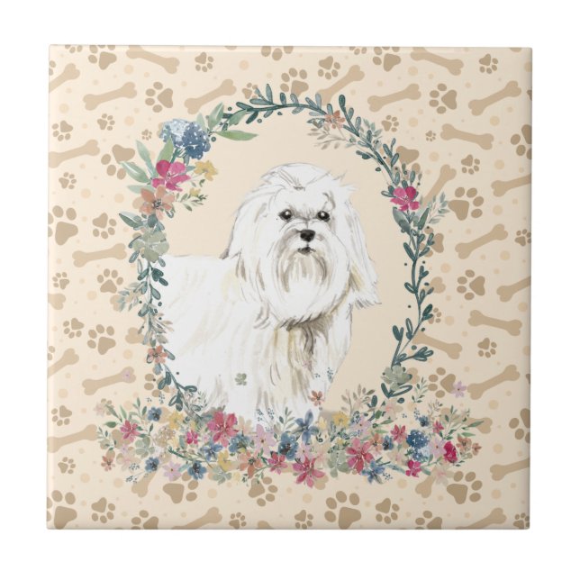 Maltesisk Hund Paw Print Blommigt Cute Beige Kakelplatta (Framsidan)