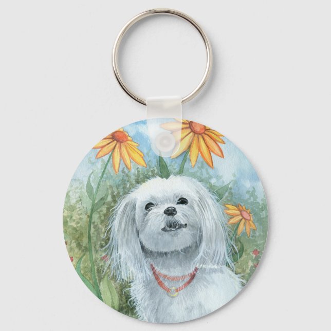 Maltesisk Hund Puppy Keychain av Molly Harrison Nyckelring (Framsida)