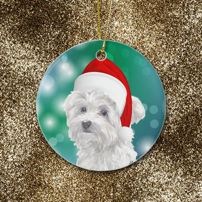 Maltesisk Hund Red Santa Hat-jul Julgransprydnad Keramik (Skapare uppladdad)
