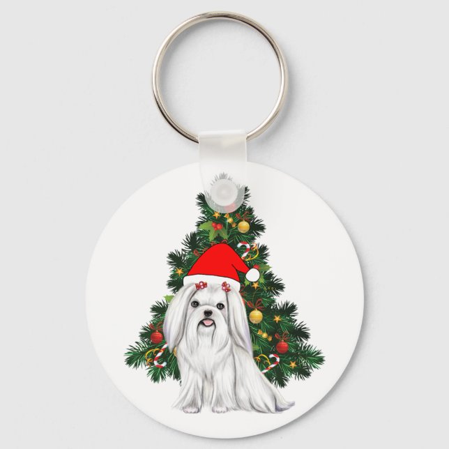 Maltesisk jul, Julafton Maltesisk Hund med julhat Nyckelring (Framsida)