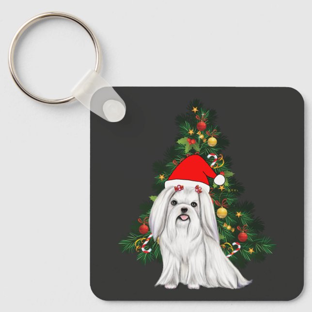 Maltesisk jul, Julafton Maltesisk Hund med julhat Nyckelring (Framsida)