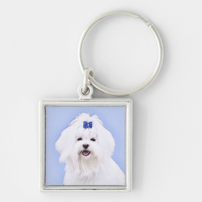 Maltesisk målning - Cute Original Hund Art Fyrkantig Silverfärgad Nyckelring (Framsidan)