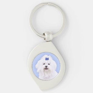 Maltesisk målning - Cute Original Hund Art Swirl Silverfärgad Nyckelring