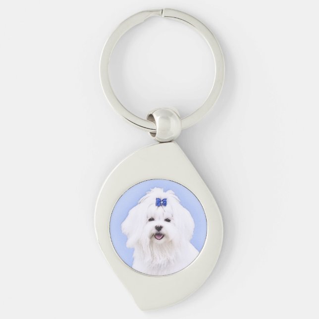 Maltesisk målning - Cute Original Hund Art Swirl Silverfärgad Nyckelring (Framsidan)