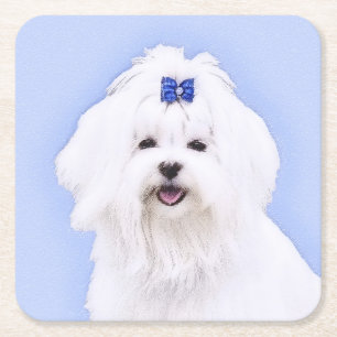 Maltesisk målning - Cute Original Hund Art Underlägg Papper Kvadrat