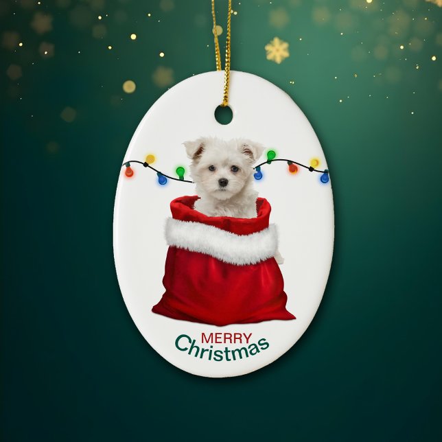 Maltesisk marionett Hund i Helgdag Gift Bag Julgransprydnad Keramik (Skapare uppladdad)