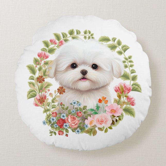 Maltesisk marionett i Bloom, Maltesiska Hund älska Rund Kudde (Framsidan)