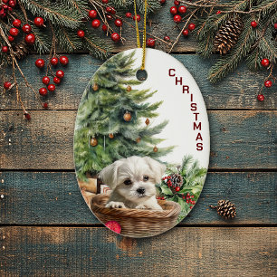 Maltesisk Puppy Wicker Basket-jul Julgransprydnad Keramik