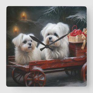 Maltesisk Snowy Sleigh-juldekan Fyrkantig Klocka