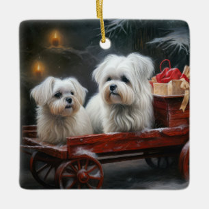 Maltesisk Snowy Sleigh-juldekan Julgransprydnad Keramik
