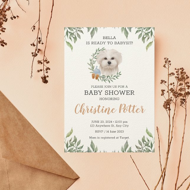 Maltesisk vit Hund Boy Boho Greenery Baby Shower Inbjudningar (Skapare uppladdad)