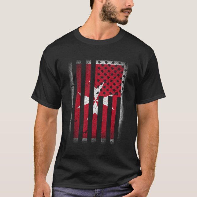 Maltesiska amerikanska Flagga T-Shirt Malta Kor Us (Framsida)