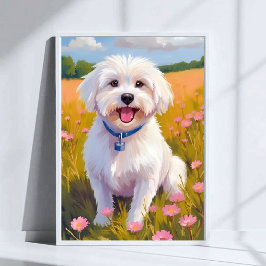 Maltesiska Hund Flower Fält Painting Poster
