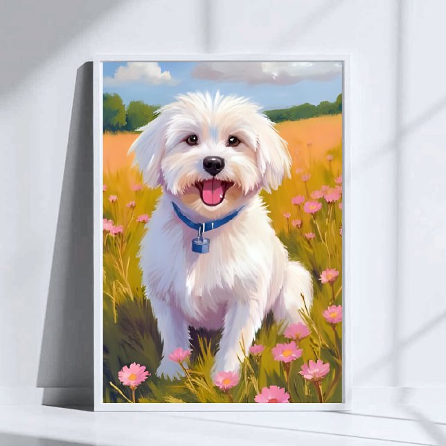 Maltesiska Hund Flower Fält Painting Poster (Skapare uppladdad)