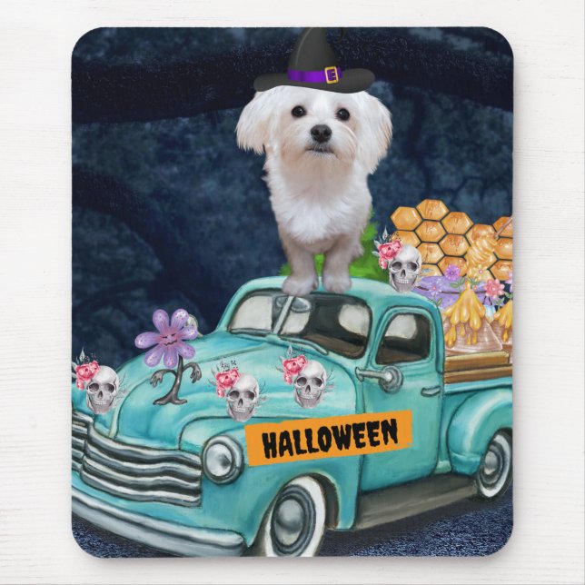 Maltesiska Hund Halloween Lastbil Scary Natt Musmatta (Framsidan)