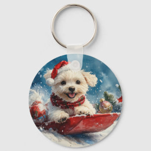 Maltesiska Hund i Sledge Låt det snöa jul Nyckelring
