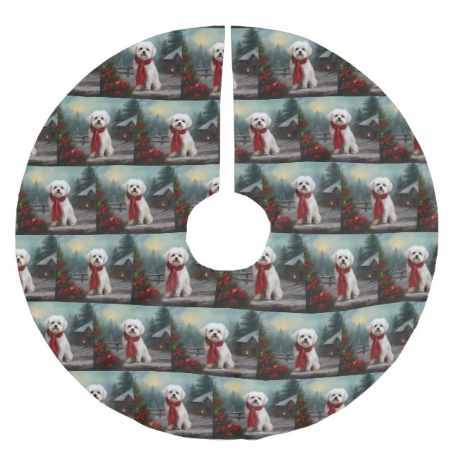 Maltesiska Hund i Snö-jul Julgransmatta Borstad Polyester (Framsidan)