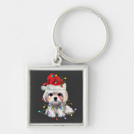 Maltesiska Hund Jul, Julafton Maltesiska Hund Fyrkantig Silverfärgad Nyckelring