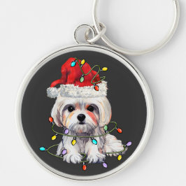 Maltesiska Hund Jul, Julafton Maltesiska Hund Rund Silverfärgad Nyckelring