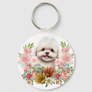 Maltesiska Hund med blommor, Cute Maltese Puppy Nyckelring