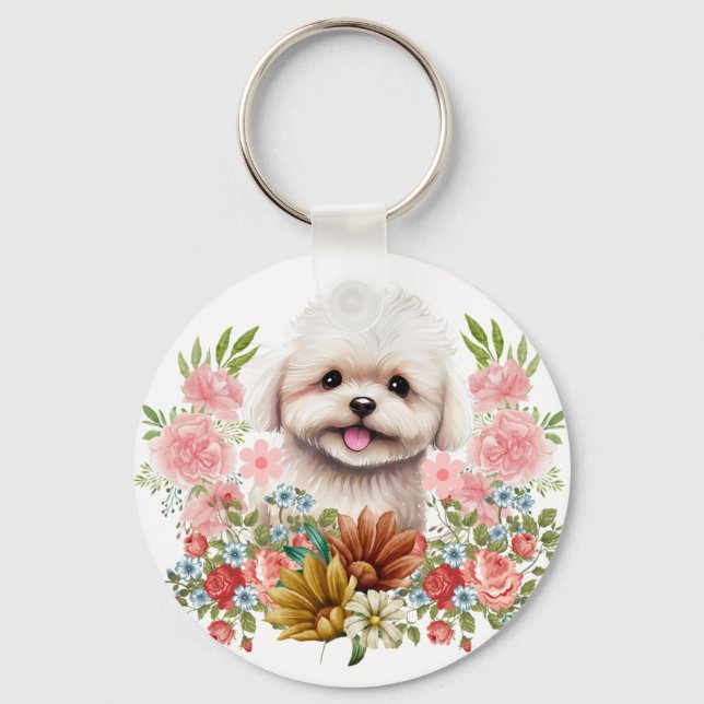 Maltesiska Hund med blommor, Cute Maltese Puppy Nyckelring (Framsida)