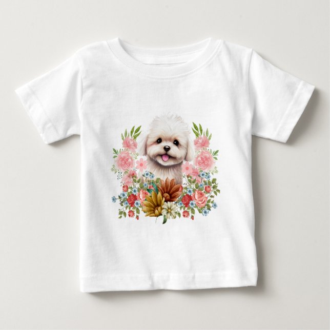 Maltesiska Hund med blommor, Cute Maltese Puppy T Shirt (Framsida)