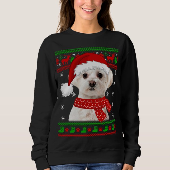 Maltesiska Hund Ugly Sweater jul Puppy Hund älskar T Shirt (Framsida)