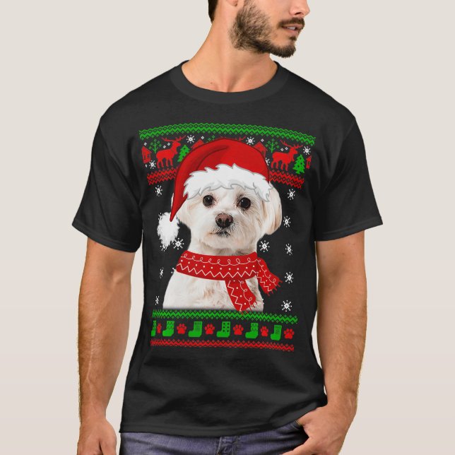 Maltesiska Hund Ugly Sweater jul Puppy Hund älskar T Shirt (Framsida)