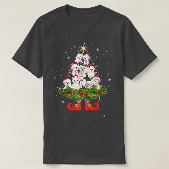 Maltesiska Julgran Ljus Cute Santa Hat Hund L T Shirt (Design framsida)
