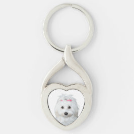 Maltesiska Lili in White Adsible Puppy Twisted Heart Silverfärgad Nyckelring