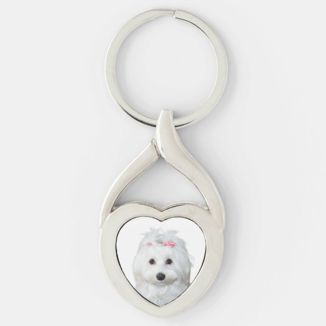Maltesiska Lili in White Adsible Puppy Twisted Heart Silverfärgad Nyckelring (Framsidan)