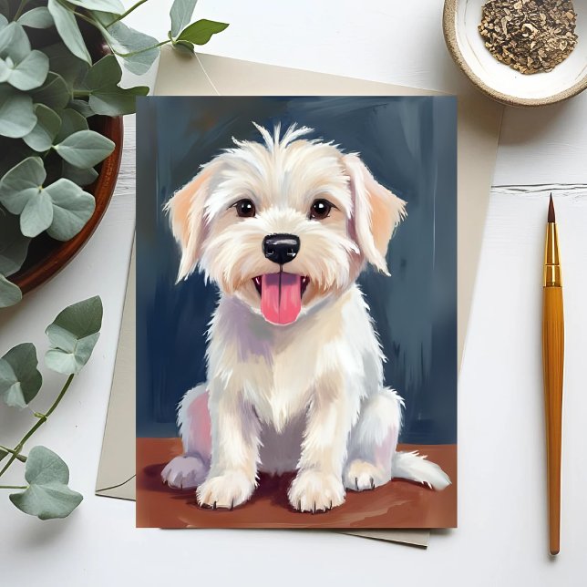 Maltesiska Puppy White Hund Painting Vykort (Skapare uppladdad)