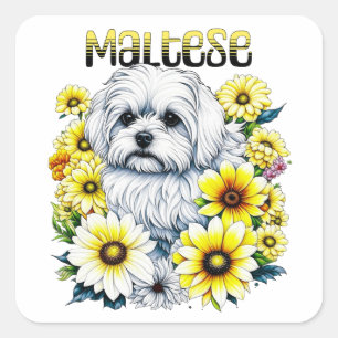 Maltesiska Small:White Hund Bree i Gula blommor Fyrkantigt Klistermärke