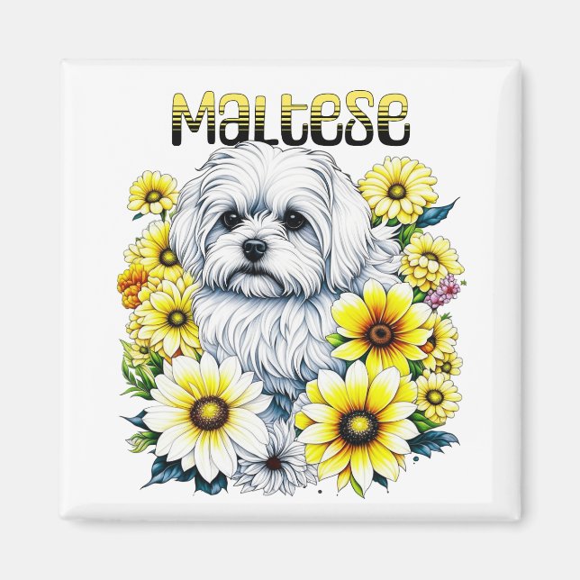 Maltesiska Small:White Hund Bree i Gula blommor Magnet (Framsidan)