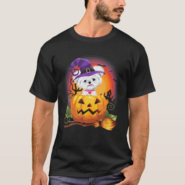 Maltesiska Witch Pumpkin Halloween Hund älskare Co T Shirt (Framsida)