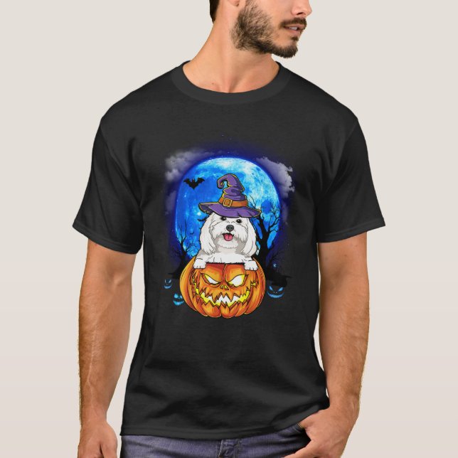 Maltesiskt Witch Måne Pumpkin Scary Halloween Hund T Shirt (Framsida)