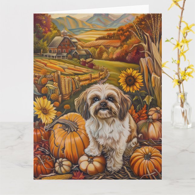 Malti Tzu Hund Höstskörd Tacksägelse Kort (Gul blomma)