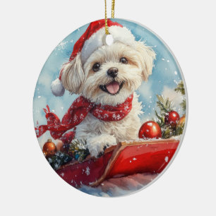 Malti Tzu Hund i släde Låt det snöa jul Julgransprydnad Keramik