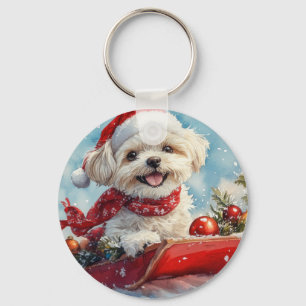 Malti Tzu Hund i släde Låt det snöa jul Nyckelring