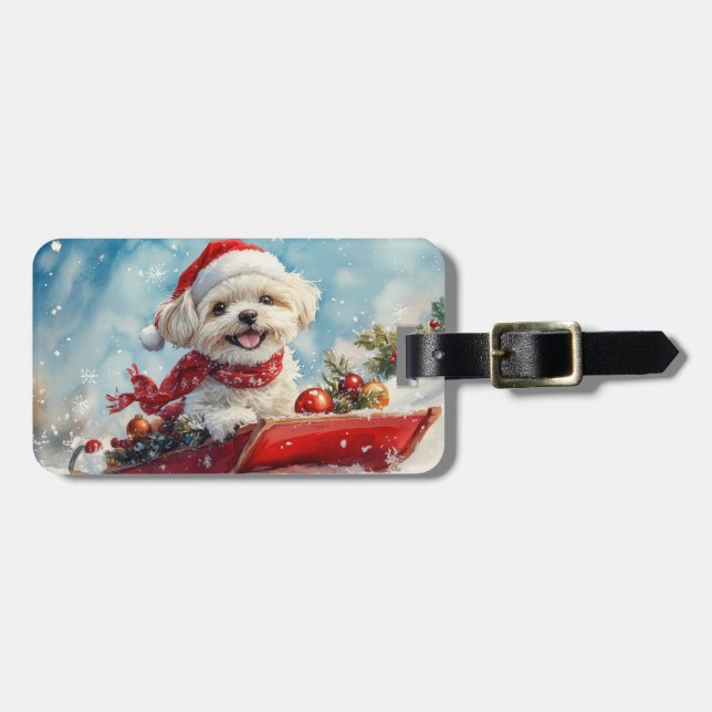 Malti Tzu Hund i Sledge Låt det snöa jul Bagagebricka (Horisontell Framsida)