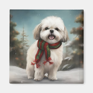 Malti Tzu Hund i Snö Jul Magnet