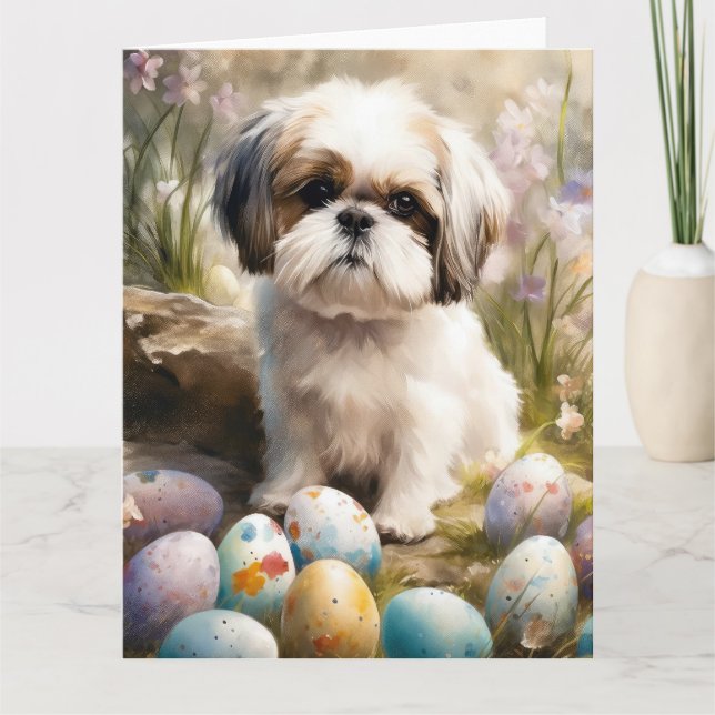 Malti Tzu Hund med Påskägg Semester Kort (Framsida)