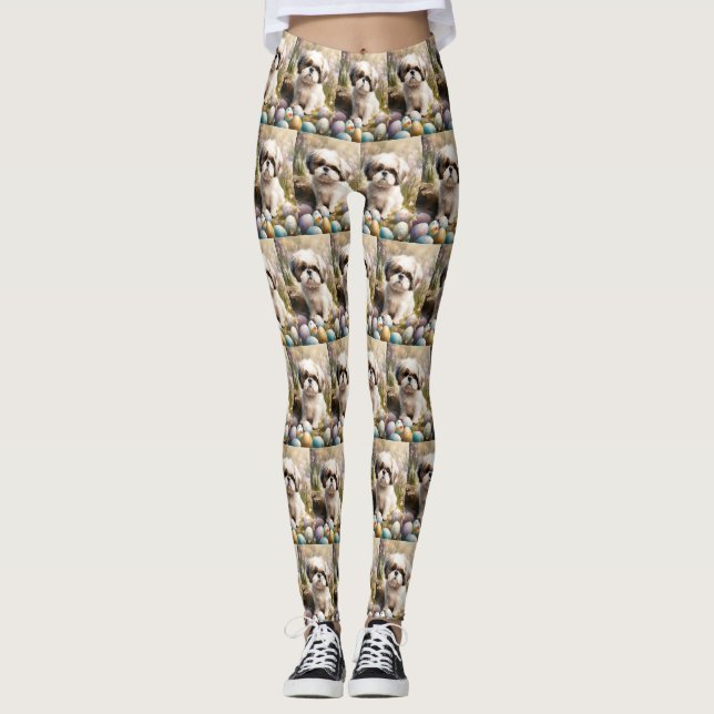 Malti Tzu Hund med Påskägg Semester Leggings (Framsida)